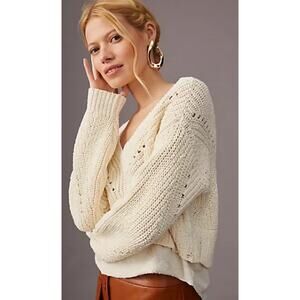 Anthropologie Chunky Knit Layered V-neck Pullover Off White Sweater Size XXS
